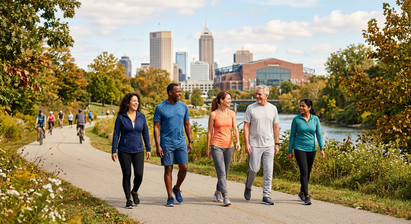 Group walking along Indianapolis canal with downtown skyline - Central Indiana diabetes prevention