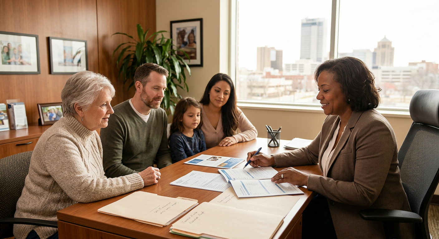 Fort Wayne Indiana family meeting with health insurance advisor to review ACA Medicare and small business coverage options