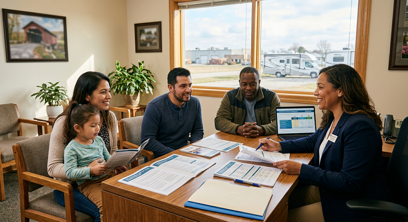 Health insurance advisor meeting with a family and self-employed worker in Indiana